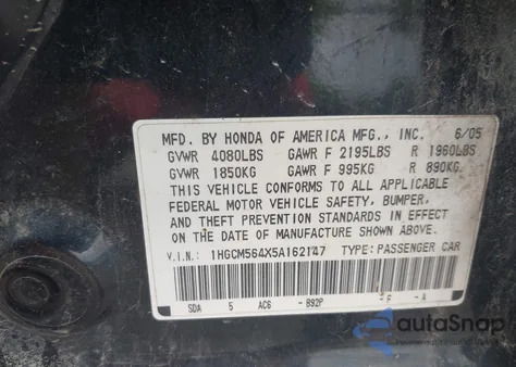 2005 Honda Accord 2.4 Lx from USA, damaged, VIN 1HGCM564X5A162147
